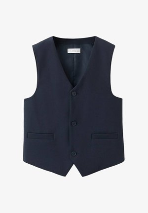 Granatowa, męska kamizelka na miarę z trzema guzikami, dwoma przednimi kieszeniami typu welt oraz dekoltem w kształcie litery V.