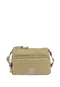 Beżowa torba crossbody z wzorem logo JOOP! JEANS, prostokątny kształt, kieszenie zapinane na zamek, akcenty ze srebrnego metalu oraz regulowany pasek.