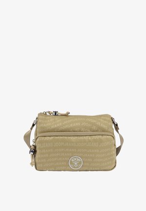 Béžová crossbody taška s logem JOOP! JEANS, obdélníkový tvar, zapínání na zip, akcenty ze stříbrného kovu a nastavitelný popruh.