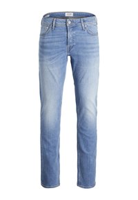 Jeans de denim azul claro con corte recto, cinco bolsillos y un cierre clásico de botón y cremallera. La textura desgastada añade un aspecto envejecido.