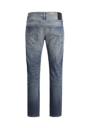 Denim jeans in medium blue met een vervaagde was, voorzien van twee achterzakken, een rechte pijpdesign en een zwarte taillebandaccent.