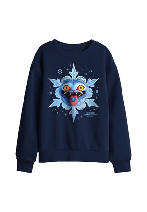 Navy sweatshirt with a large graphic of a blue cat face with yellow eyes, a red tongue sticking out, surrounded by a snowflake design.