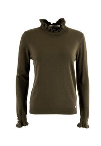 Maglione verde oliva con un motivo testurizzato, colletto alto arricciato e polsini arricciati, caratterizzato da tre bottoni decorativi su ciascuna manica.