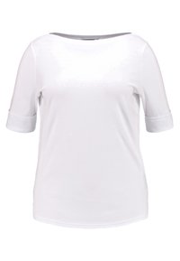 Valkoinen lyhythihainen paita, jossa on pyöreä pääntie ja käännetyt hihat, esillä yksinkertaisella valkoisella taustalla.