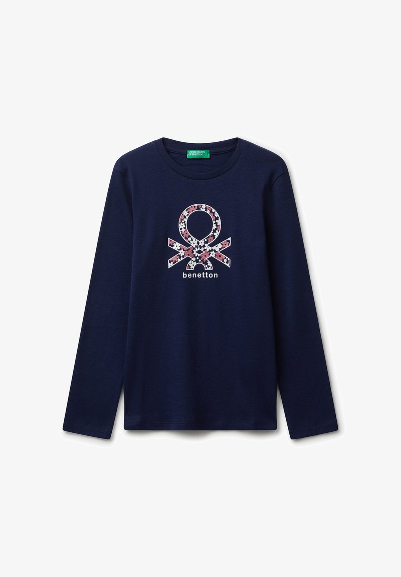 Navy-blaues Langarmshirt mit Rundhalsausschnitt, mit einem floralen Benetton-Logo und dem Text "benetton" auf der Vorderseite in der Mitte.