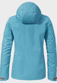 Lichtblauwe waterdichte jas met capuchon, met een gladde textuur, lange mouwen en grijze accenten bij de polsen.