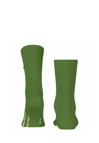 Grüne knielange Socken mit gerippter Textur. Verfügt über einen glatten Stoff, eine enge Passform und bedruckte Markenkennung in der Nähe des Knöchels.