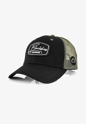 Black cap with a mesh back, features a white rectangular logo patch reading "Blackskies" and dark green accents on the mesh.