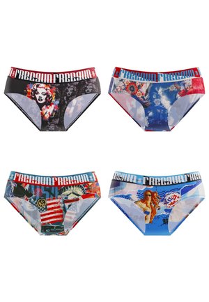 Quatre paires de culottes colorées pour femmes avec des ceintures marquées "FREEGUN", arborant des motifs pop art, floraux, drapeau américain et mythologiques.