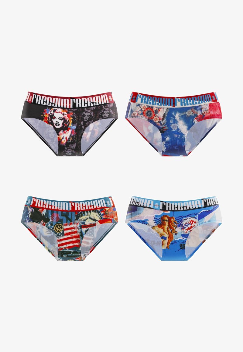 Quatre paires de culottes colorées pour femmes avec des ceintures marquées "FREEGUN", arborant des motifs pop art, floraux, drapeau américain et mythologiques.