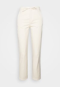 Beige Baumwollhose mit lockerer Passform, Kordelzugbund und geradem Bein. Glatte Textur, minimalistische Details und keine Muster.