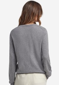 Szary sweter z dzianiny z długimi rękawami, okrągłym dekoltem i prążkowanym dołem. Miękka faktura, casualowy krój i gładkie wykończenie, widoczny od tyłu.
