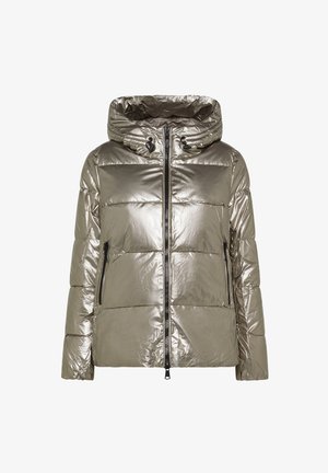 Giubbotto imbottito in metallo grigio chiaro con cappuccio, chiusura frontale con zip e due tasche laterali. Presenta una texture lucida e liscia.