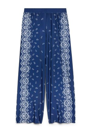 Pantalones azules de pierna ancha con patrones blancos de cachemira y bordes con motivos similares al encaje, cintura elástica y ajuste holgado.