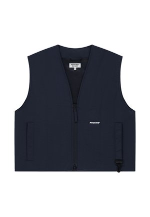 Chaleco sin mangas azul marino con cremallera frontal, dos bolsillos laterales y pequeño logo blanco "POCKIES" en el pecho izquierdo.