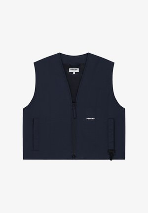 Donkerblauw mouwloos vest met ritssluiting aan de voorkant, twee zijzakken en klein wit "POCKIES" logo op de linkerborst.