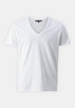 White cotton t-shirt with a V-neck design, short sleeves, and a smooth texture. Simple, unembellished style.