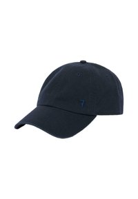 Gorra de béisbol azul marino de algodón, con visera curva, correa ajustable y sutil bordado de logo en la parte frontal.