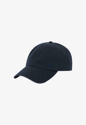 Cappellino da baseball blu navy in cotone, con visiera curva, cinturino regolabile e ricamo del logo discreto sulla parte frontale.