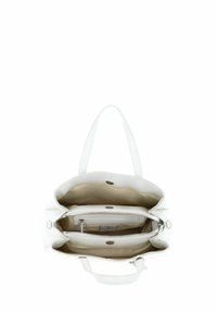 Sac à main en cuir blanc avec double anses, ouverture en haut et compartiments intérieurs. Présente une texture lisse et une doublure beige subtile.