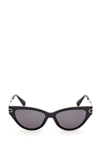 Gafas de sol negras en forma de ojo de gato con lentes oscuros, con un acabado mate, delgados acentos en dorado en las monturas y patillas curvadas.