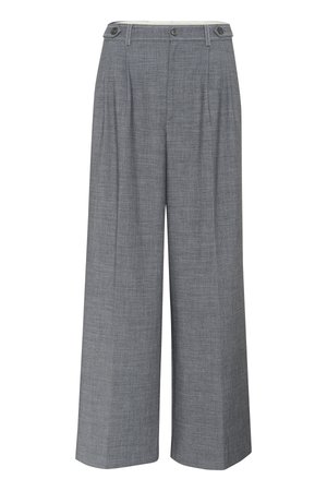Gray wide-leg trousers made from textured fabric, featuring a double button closure and front pleats for added design detail.