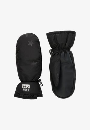 Zwarte wanten met een gladde textuur en sterpatroon, voorzien van elastische manchetten, een duurzame buitenlaag en een merkpatch op de pols.