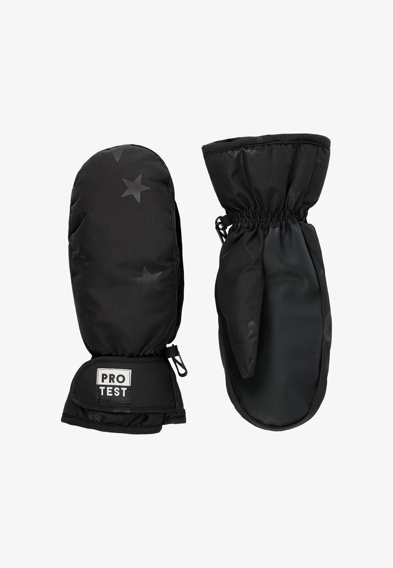 Mustat lapaset, joissa on sileä pinta ja tähtikuvio, varustettuna joustavuuskauluksilla, kestävä ulkokuori ja merkkipatchi ranteessa.