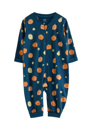 Tutina per neonati blu scuro con motivo di zucca arancione e bianca sorridente e foglie, maniche lunghe, zip frontale e gamba con polsini.