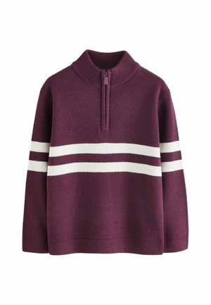 Lila Strickpullover mit halbhohem Reißverschlusskragen und zwei horizontalen weißen Streifen über Brust und Ärmeln auf einfarbigem Hintergrund.