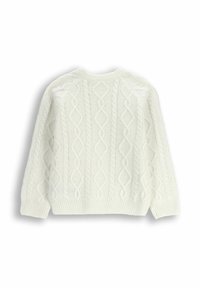 Sweter w splot ściegowy w jednolitym białym kolorze, z teksturowanym wzorem w kształcie diamentów. Okrągły dekolt i ściągacze. Miękka, gruba dzianina.