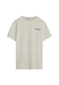Camiseta de algodón beige de manga corta, con cuello redondo y un logotipo negro impreso "Scalpers" en el lado izquierdo del pecho. Textura suave y diseño casual.