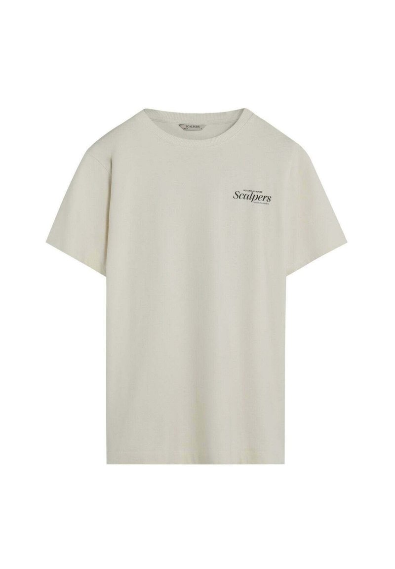 Camiseta de algodón beige de manga corta, con cuello redondo y un logotipo negro impreso "Scalpers" en el lado izquierdo del pecho. Textura suave y diseño casual.