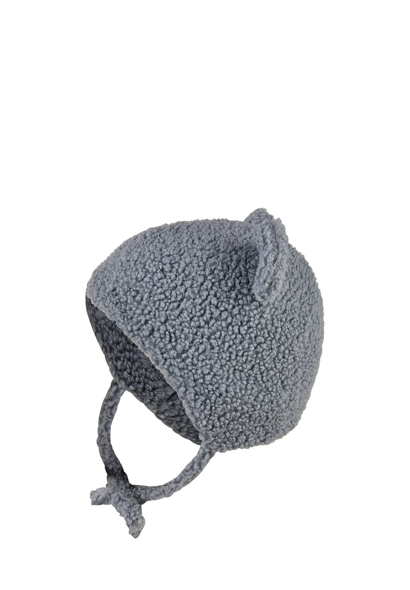 Soft grey fleece baby hat with earflaps and tied chin straps, featuring a textured, curly fabric and small decorative ears on top.