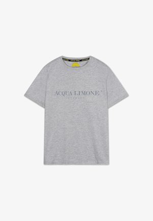Grå bomull t-shirt med korta ärmar, med rundad halsringning och texten "ACQUA LIMONE" i mörkgrått över bröstet.