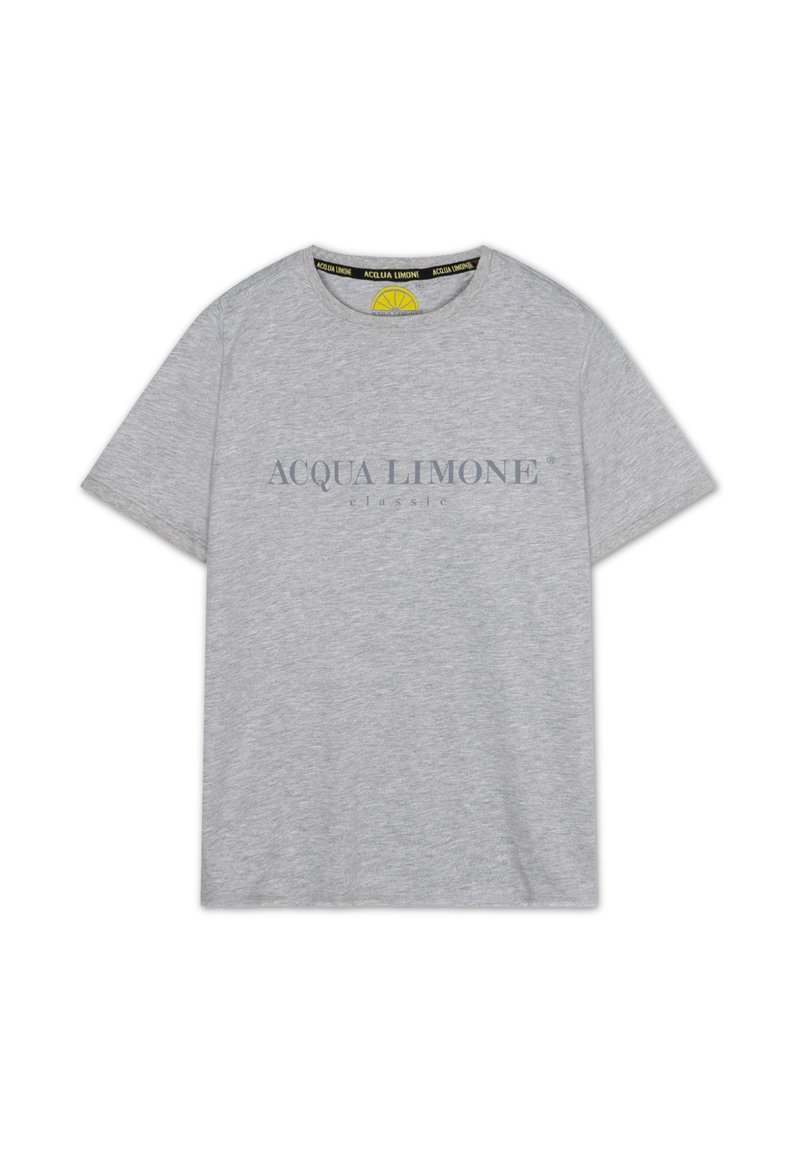 Grå bomull t-shirt med korta ärmar, med rundad halsringning och texten "ACQUA LIMONE" i mörkgrått över bröstet.