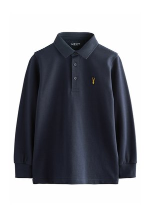 Navyblå langærmet polo med krave, to knapper, ribstrikkede manchetter og en lille gul hjortehovedlogo på brystet.