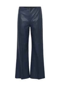 Navyblaue weite Lederhosen mit hohem Bund, die eine klare Vorderseite und minimale Nähte aufweisen.