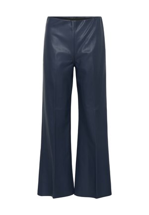Navyblauwe wijde broeken van soepel leer met een hoge taille, voorzien van een schone voorkant en minimale stikseldetails.