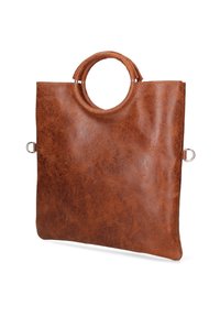 Borsa a mano in pelle marrone con una superficie liscia, manico circolare superiore e dettagli in metallo argentato; design minimalista senza chiusure visibili.
