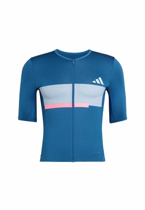 Blue athletic shirt featuring a front zipper, short sleeves, mesh panel with white and pink stripes, and a logo on the left shoulder.