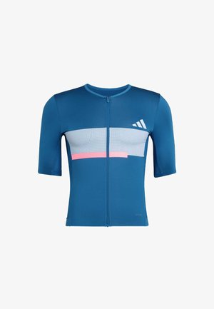 Blue athletic shirt featuring a front zipper, short sleeves, mesh panel with white and pink stripes, and a logo on the left shoulder.