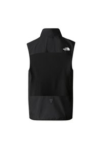 Black sleeveless vest featuring a textured middle panel, smooth lower section, high collar, and white logo on the left shoulder.