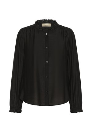 Blusa negra de manga larga, con botonadura al frente, cuello y puños con volantes, hecha de un tejido ligero y de textura suave.