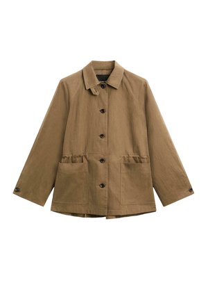 Brown lightweight jacket with a collared neckline, front button closure, two large pockets, and a relaxed fit. Made from textured fabric.