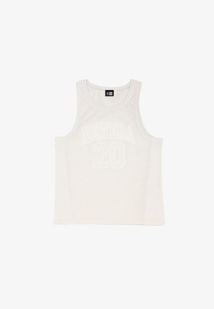 Gaiši pelēks sietiņa bezpiešu topiņš ar baltā krāsā izdrukātu "NEWERA" un "20", apaļa kakla izgriezums, kā arī sporta stila dizains bez piedurknēm.