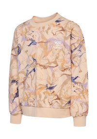 Licht perzikkleurige sweatshirt met een abstract marmeren patroon in paarse, blauwe en gouden tinten. Geribbelde manchetten en een halslijn voegen textuur toe.