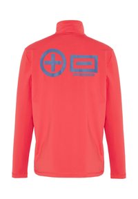 Rote Langarmjacke mit hohem Kragen. Sie zeigt blaue grafische Symbole: einen Kreis mit einem Pluszeichen und ein Rechteck sowie darunter Text.