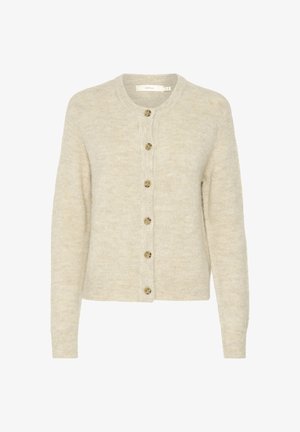 Heled beez kardigan, mis on valmistatud pehmest ja karvase materjali, ümarate kaeluste, pikkade varrukate ja viie pruuni nupuga ees.