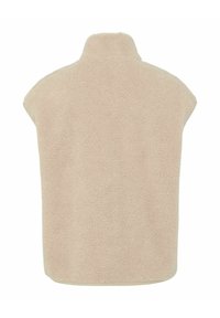 Beige mouwloze fleece vest met hoge kraag, van zacht textuur, plat weergegeven vanuit de achterkant.